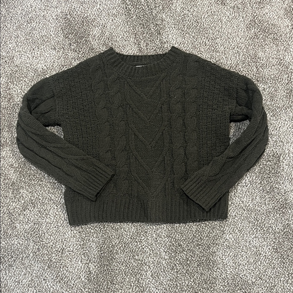 Pink Rose Cable Knit Sweater - Dark Green